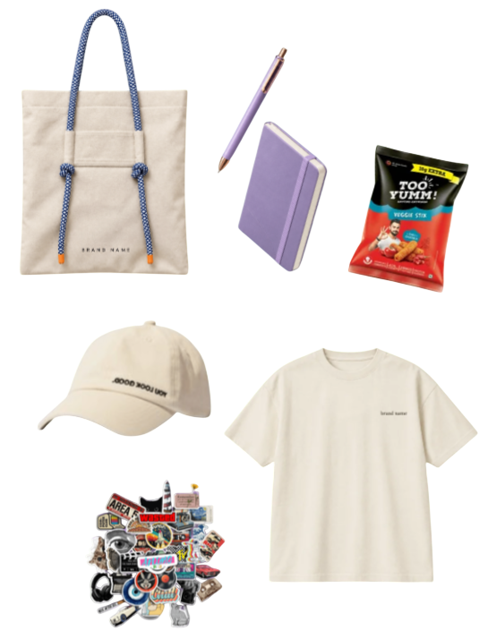 Essential corporate goodies plan with tote, tee, cap and stationery